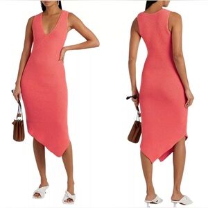 Equipment Femme Lucasse Asymmetric Ribbed Midi Dress Pullover Coral Size Small